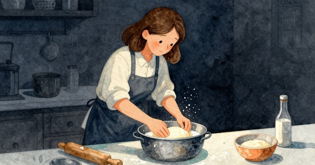 Nora以斜角視角攪拌發泡麵糰，手法細膩，氣泡閃現溫暖光影，呈現精心製作的早晨儀式。