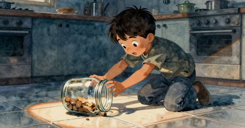 Max輕推瓶子，瓶身傾倒釋放甜蜜糖漿，過渡空間中透露出好奇與溫柔的轉折。