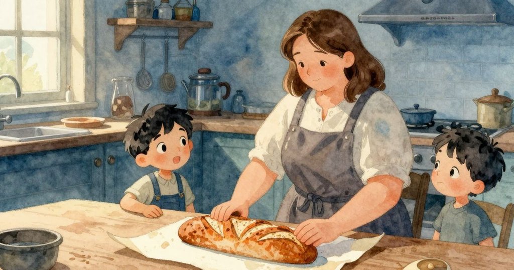 Nora與Max在溫暖廚房中共同注視烤好麵包，寧靜光線映照成功喜悅，展現結局的平和與成就。