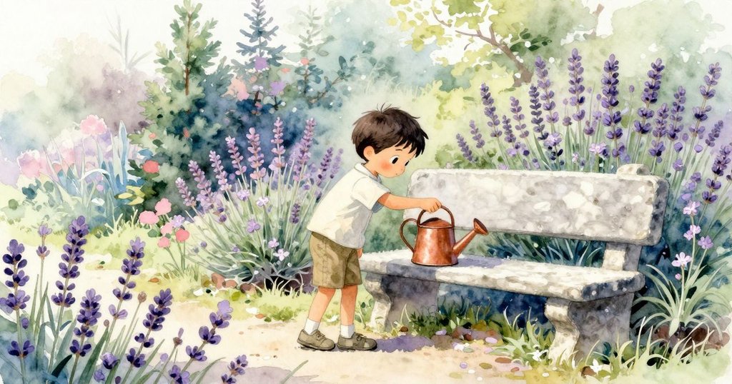 在溫暖早晨陽光下, 小男孩Noel在庭園中握著銅質澆水壺, 石凳旁薰衣草與百里香點綴, 臉上流露期盼神情
