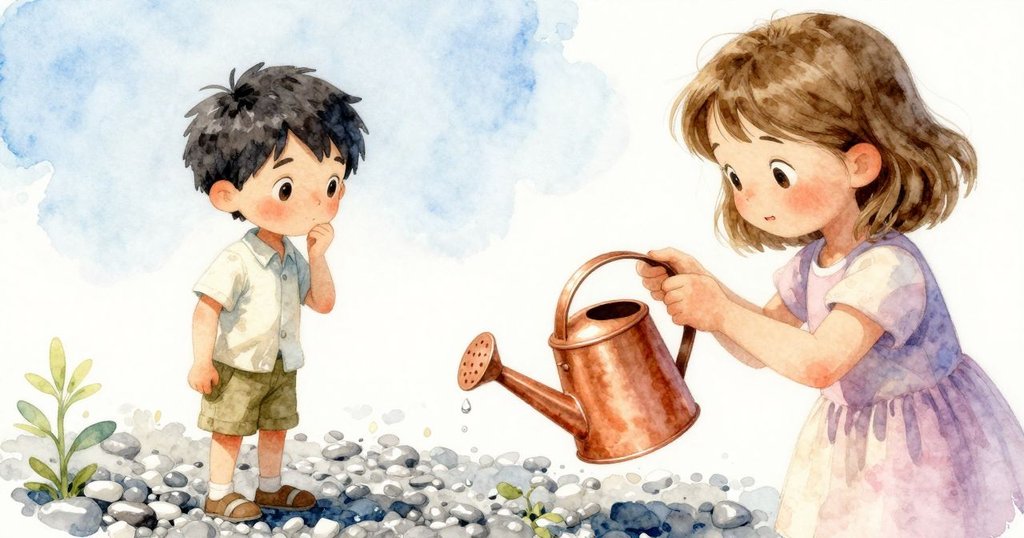 細節特寫, 銅質澆水壺水嘴滴下一滴水, 落在有質感的卵石上, 呈現庭園細膩之美