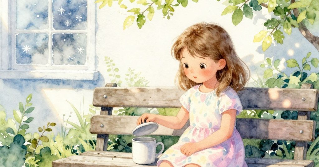 溫柔的女孩Petra坐於庭園石凳, 膝上托著帶蓋杯子, 微抬杯蓋, 散發胡蘿蔔燉湯與迷迭香香氣