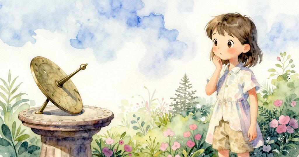 神秘日晷與清晰影子交織, 日晷盤上影子超出預期, 靜謐庭園中雲朵漂浮, 彷彿時間變幻莫測