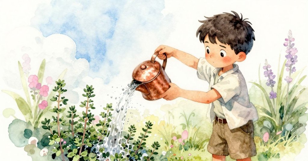 小男孩Noel調整握持, 灑下優雅弧形水流, 落在新種百里香上, 土粒在空中揚起如掌聲, 氣氛充滿活力