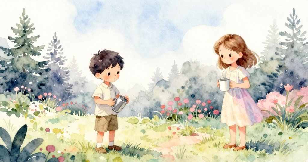 庭園中, 小男孩Noel放下銅質澆水壺, 女孩Petra靜坐細品杯中暖湯, 陽光重現, 氣氛寧靜持續, 庭園風光盡顯