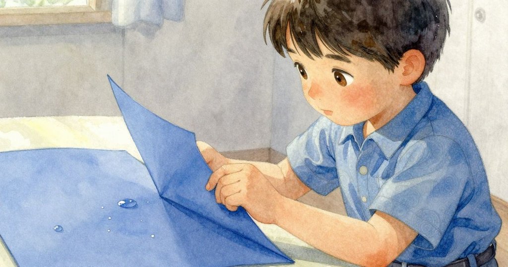 Stellan伸手觸摸藍色紙張摺痕，近鏡頭展現水珠在淺碟上閃爍，細節豐富，溫柔光影映襯下表現精致動作