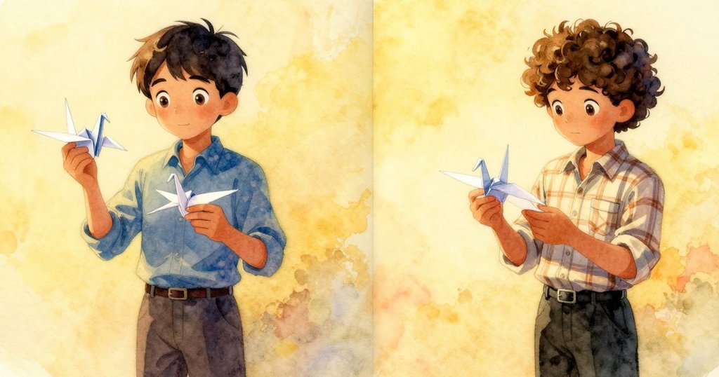 畫面左右分割，一邊Winston輕放沾有粉筆末的紙鶴，一邊Stellan細看新摺紙鶴，溫暖燈光下呈現時光交錯