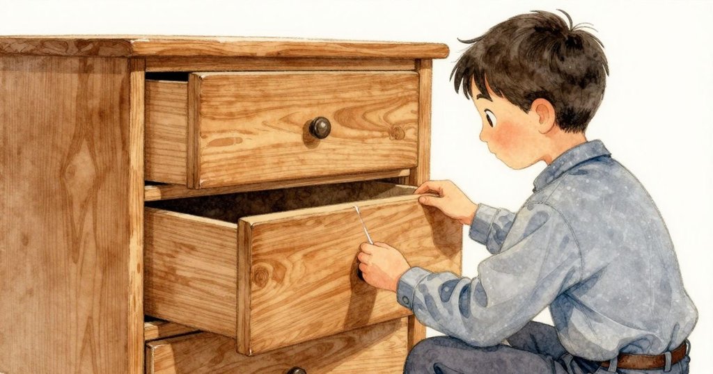 Stellan站在開啟的雪松抽屜旁，細看紙張摺痕，木質桌面呈現細膩紋理與光影交錯，氛圍充滿過渡感