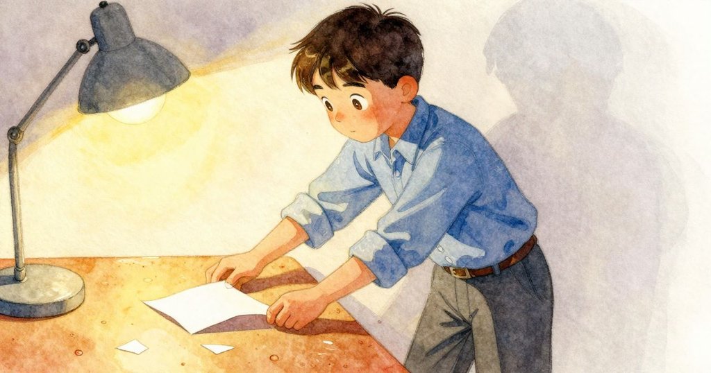 Stellan注意到桌邊漂浮的紙片，呼出氣息在水面形成漣漪，動作輕柔卻果斷，畫面展現輕快動態感