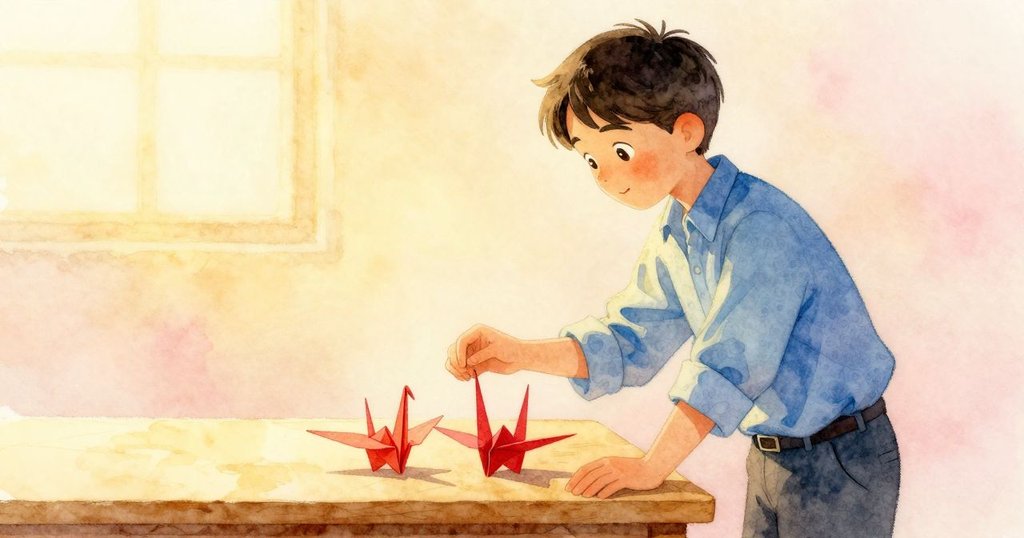 Stellan靜靜欣賞紙鶴與陳列整齊的紙鶴束，柔和金色燈光映出安祥陰影，室內充滿結束與平靜之感