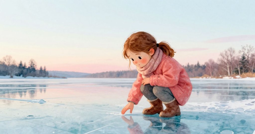 Verity蹲在冰面上觀察刻痕，冰面如鏡反射晨光，遠處樺樹點綴，畫面寧靜充滿期待