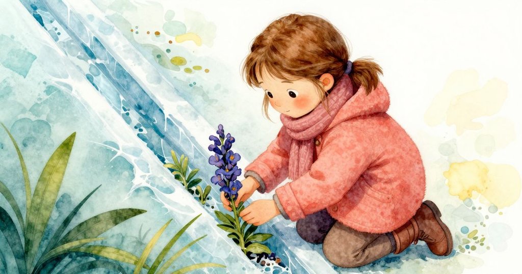 Verity蹲在冰面上用手比對藍色旱金花莖與刻痕，高角度展示冰面細節，充滿神秘與專注之情