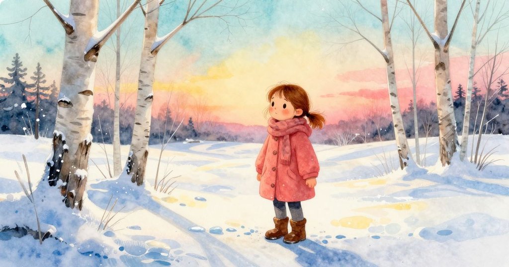 Verity站在冰面上觀察冰上銀光條紋，背景有稀疏樺樹與冬季柔光，畫面充滿冷冽與溫柔交織