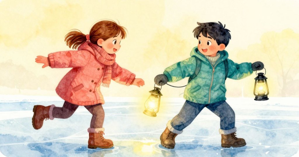 Jude快樂輕敲冰面，Verity提著搖曳燈籠，兩人共享發現時刻，笑容溫暖映在冰面上