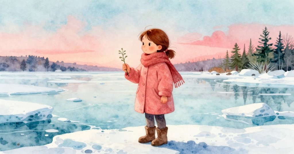 在廣闊冰湖上，Verity舉著藍色旱金花莖仔細對照刻痕，展現出對大自然奧秘的凝思與驚奇