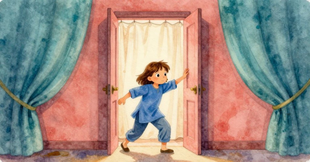 Willa走進後台，透過狹窄門口，重天鵝絨幕簾隨風飄動，神秘燈光映襯