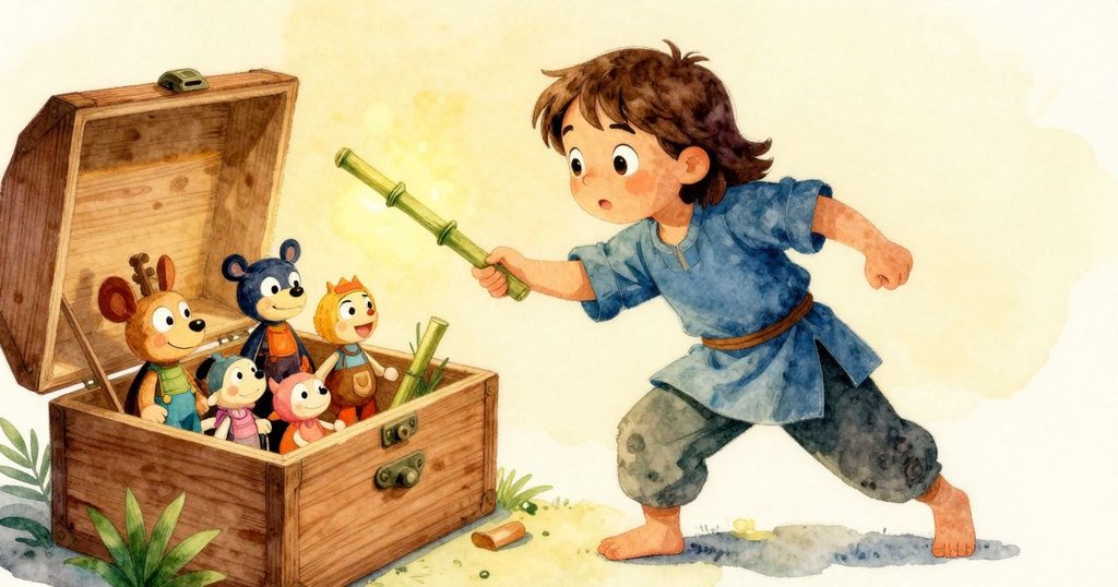 Willa在後台打開木箱，仔細查看內部收藏的提線木偶與道具，燈光柔和溫暖