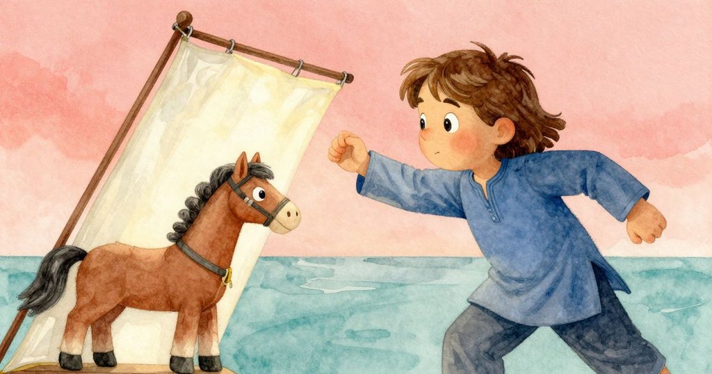 Willa偏斜著舉起木馬布偶靠近雙色布幕，光與影交錯，臉上展現專注神情