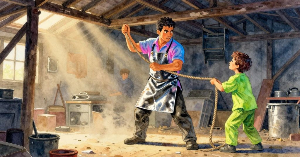 Leander在棚內操作繩索，晨光灑入，遠處展現活動場景，表情專注充滿希望