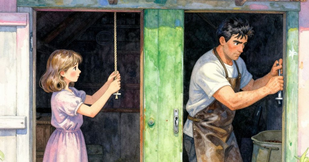 從門縫望去，Leander專注於操作繩索，Oona正在調整門鎖，場景洋溢著溫暖與細膩情感