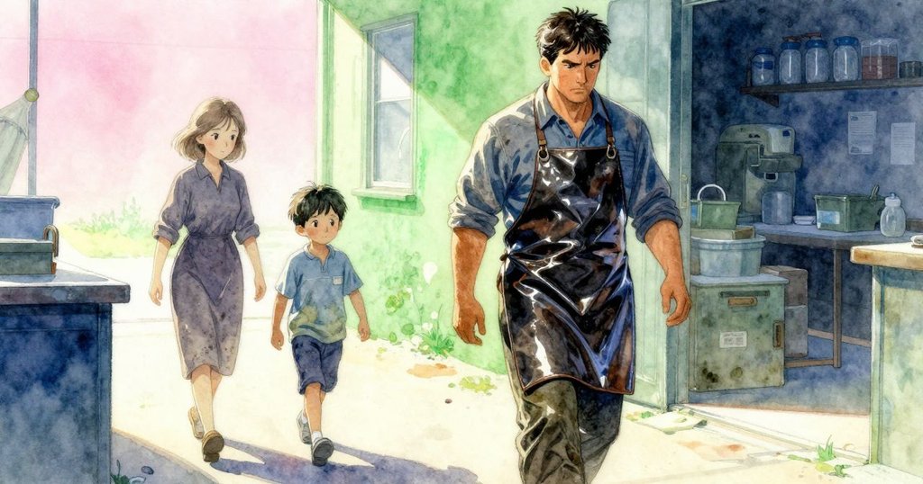 Leander與Oona離開工作區，柔和光影中展現出完成任務後的滿足與告別，場景靜謐溫馨