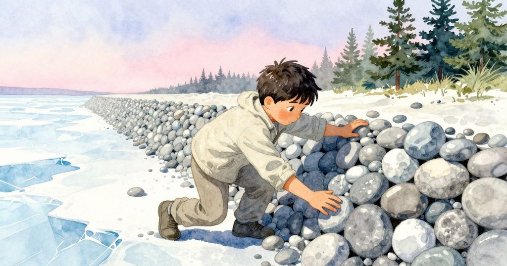 Bram在潮池邊聚精會神放置圓石，鷸鳥輕掠水面，晨光與影子交錯，展現出故事開端的活力與神秘感。