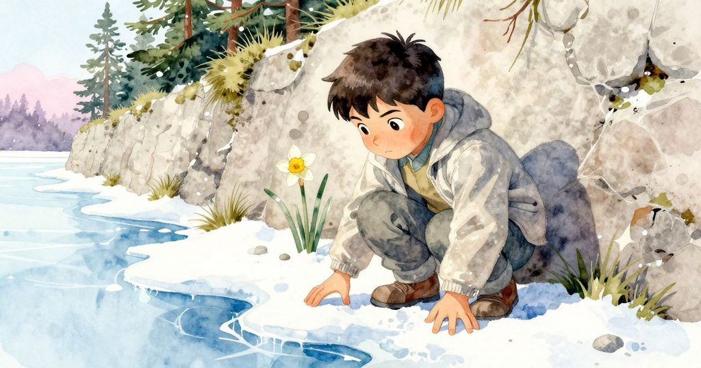 Bram低角度鏡頭下專注於修補石牆，手持貝殼小心調整水流，旁有微黃花和沙鷸陪伴，展現出他的堅定與專注。