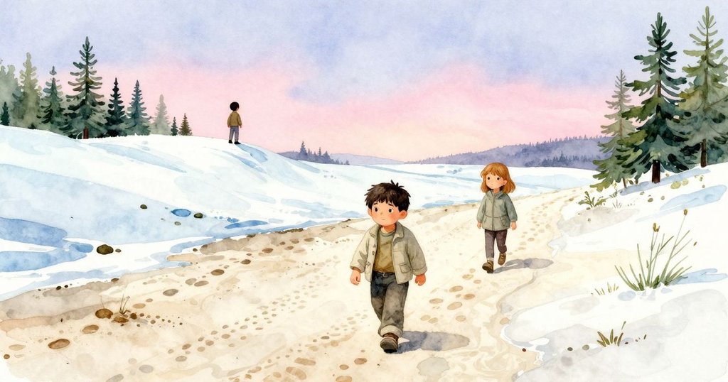 Bram踏過乾沙留下模糊足跡，Clara站在沙石嶺上溫柔注視，動感戶外景致展現自然變化與團隊默契。