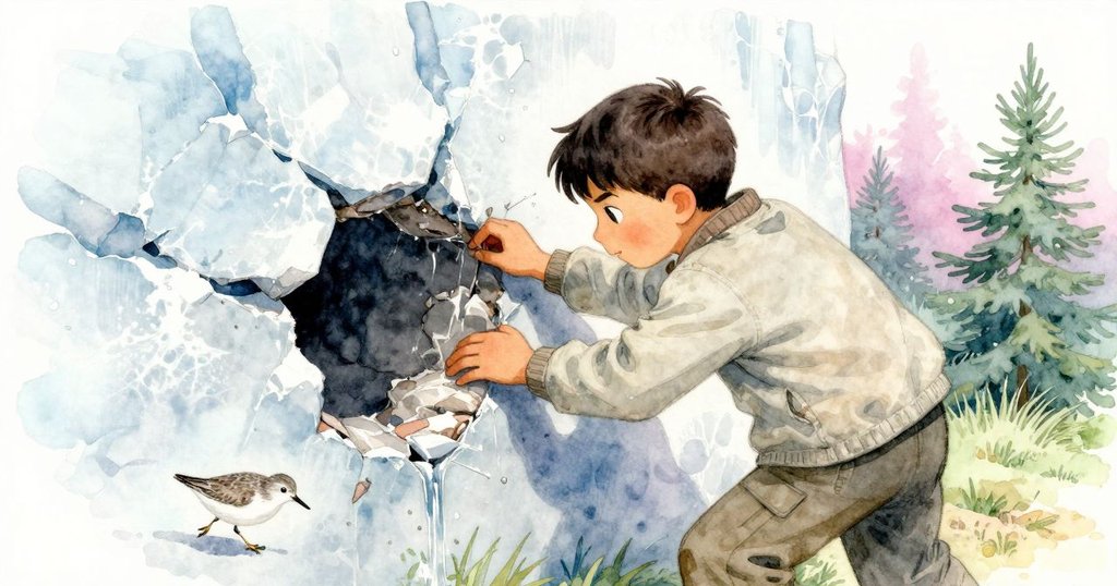 Bram凝視牆面細微滲水，動作中用貝殼調整水流，沙鷸穿梭而過，展現出緊張與堅毅的瞬間。