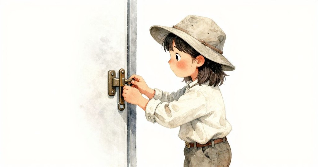 Celina細緻檢查金屬閘門, 青銅光澤與灰色鹽形成鮮明對比, 近景展現手部動作與細節