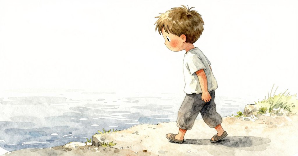 Pierce在高架通道上緩步, 從缺口注視寧靜鹽盤, 眼神思索, 背景呈現廣闊水面與石堆邊框