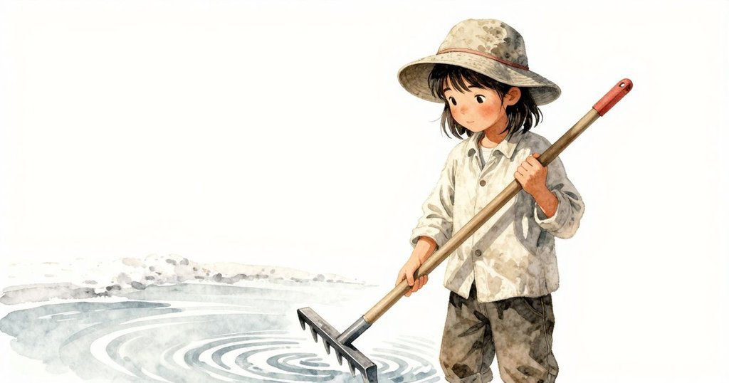 Celina因陣風停步, 緊握風化耙, 鹽盤上水面同時呈現寧靜與波動, 表情略帶驚訝