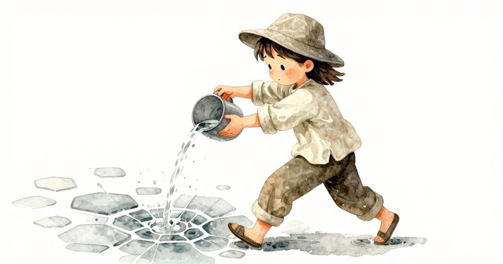 Celina急速倒出最後一桶鹵水, 水面裂變為發光六角形, 動作急促, 表情專注, 氣氛充滿變化