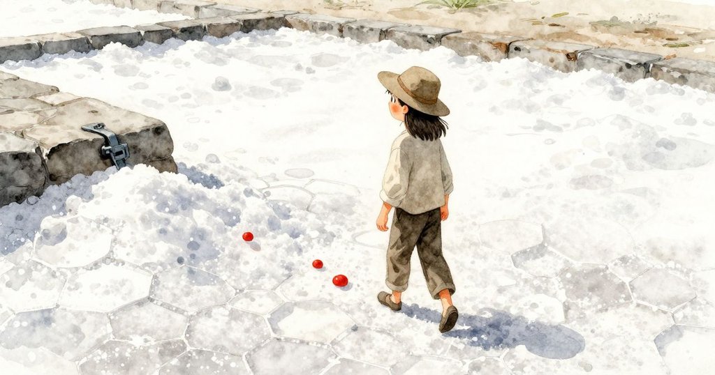 Celina站在轉變後的鹽盤邊, 背景為閃亮六角結晶與凍結金屬閘門, 表情平靜, 預示故事續行