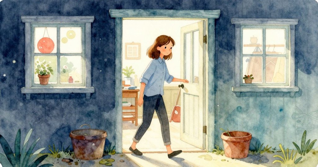 弗蕾雅走進明亮工作室，穿過開放門口，陽光灑落在大理石長椅上，神情滿懷期待