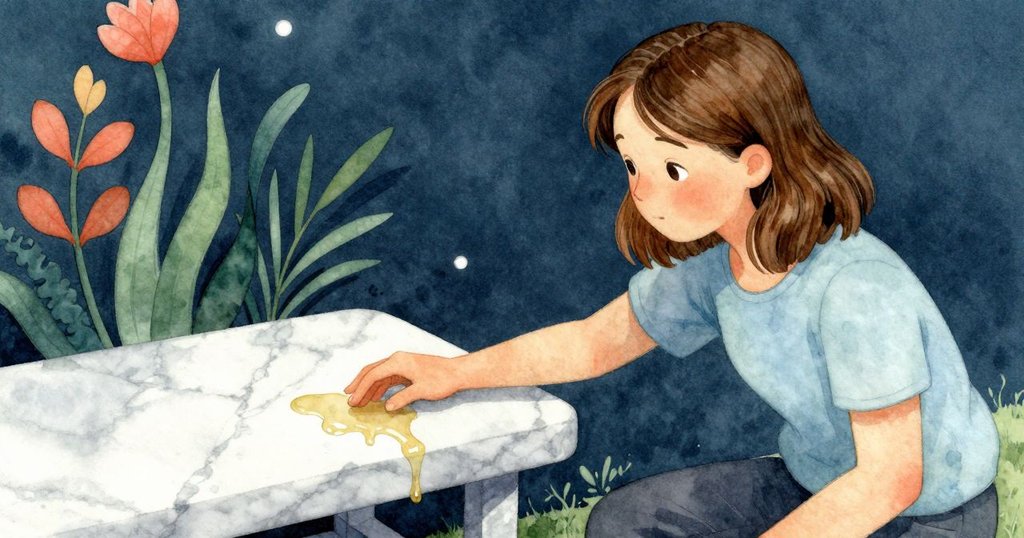 弗蕾雅伸手輕觸大理石長椅上閃爍油漬，仔細尋找隱藏圓圈，充滿好奇與驚喜