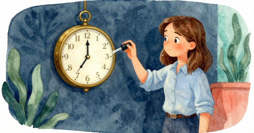 弗蕾雅站在分割畫面中間，一邊注視鐘擺滴答，一邊凝視移液器滴落，神情專注