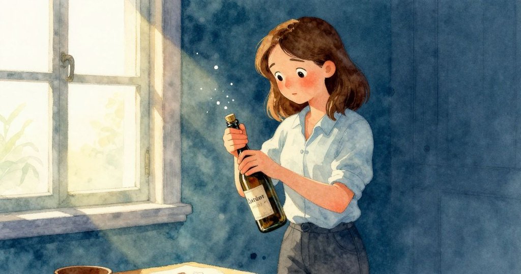 弗蕾雅在午後溫暖光線下，小心打開古董瓶子，輕柔開瓶聲中展露專注神情