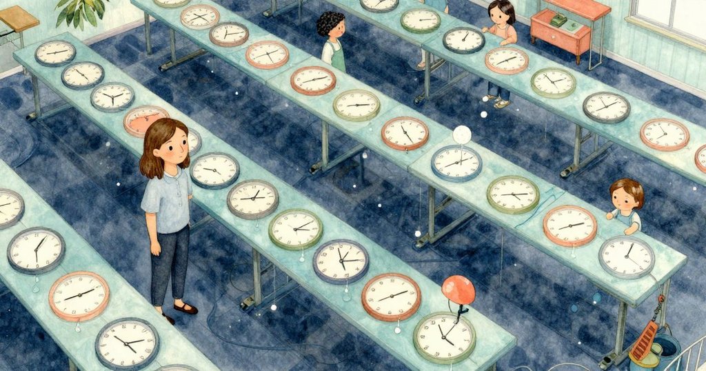 從高處俯視整個工作室，弗蕾雅細心整理工具，鐘聲與滴水聲和諧共鳴，展現實驗成功的寧靜