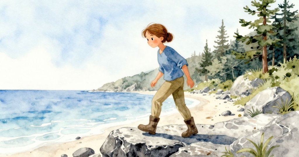 花洛踏上海邊玄武岩平台，周圍海洋景色寧靜，陽光燦爛，她神情充滿期待與寧靜。