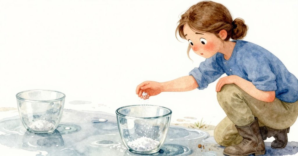 從花洛視角看海水中的玻璃板，她輕撒鹽粒，細節充滿神秘與柔和的海邊氣息。