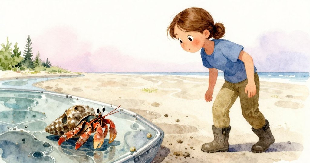 海邊潮池邊，螃蟹緩步爬行，玻璃板上附著藤壺細節豐富，展現季節風光與海濱情韻。