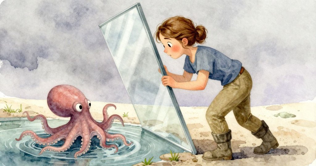 花洛再次撒鹽時，玻璃板突然傾斜釋放出小章魚，瞬間緊張與驚奇充滿海邊景致。