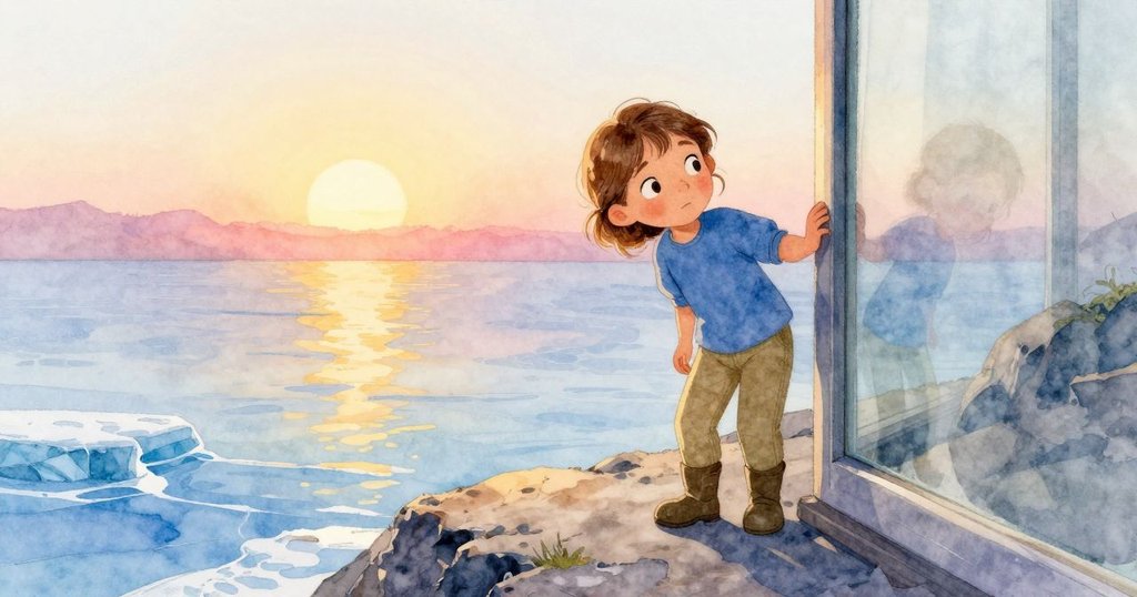 夕陽下花洛小心推正玻璃板，為章魚創造陰涼避難所，海邊岩石和輕柔水霧映出溫暖結局。