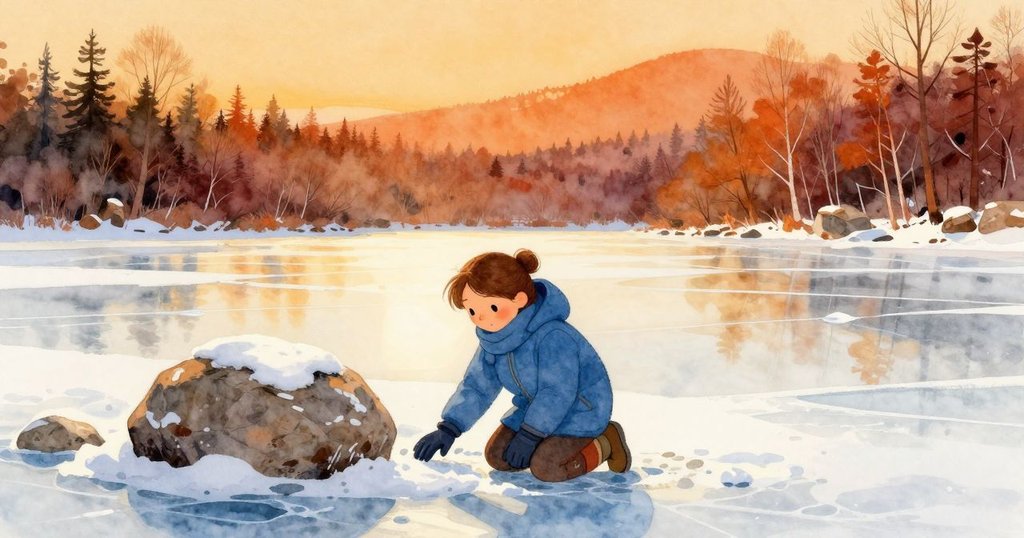 妮芙跪在冰凍湖面旁清理積雪，露出鏡面冰面與發光花崗岩，晨光微冷中展現專注神情