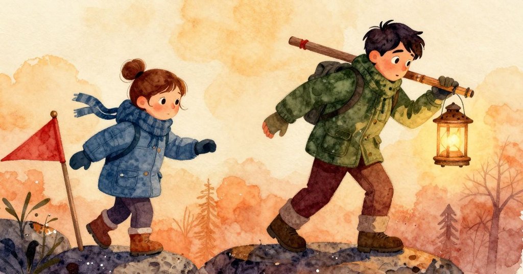 烏利克在冰凍邊緣搭設木架，紅旗迎風飄揚，妮芙靜觀側立，場景展示冬日冷暖對比