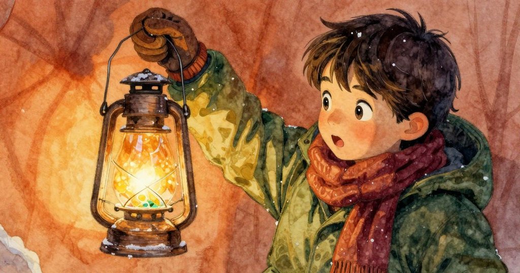 烏利克舉起彩色燈籠，燈光灑落冰上形成琥珀與綠光，展現冰面精緻冰泡及結晶