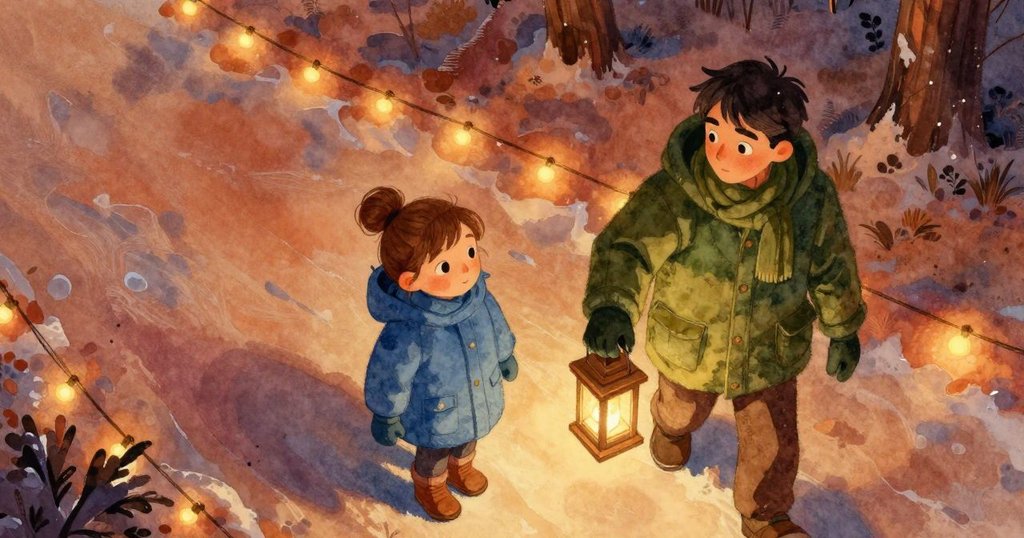 從上方俯瞰，燈籠光線交織成不規則曲線橫越冰湖，妮芙與烏利克在遠處調整燈光路徑