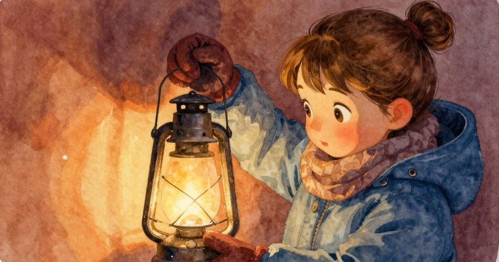 妮芙低頭調整燈籠位置，手套下細膩手勢在溫暖燈光映照下流露內心掙扎