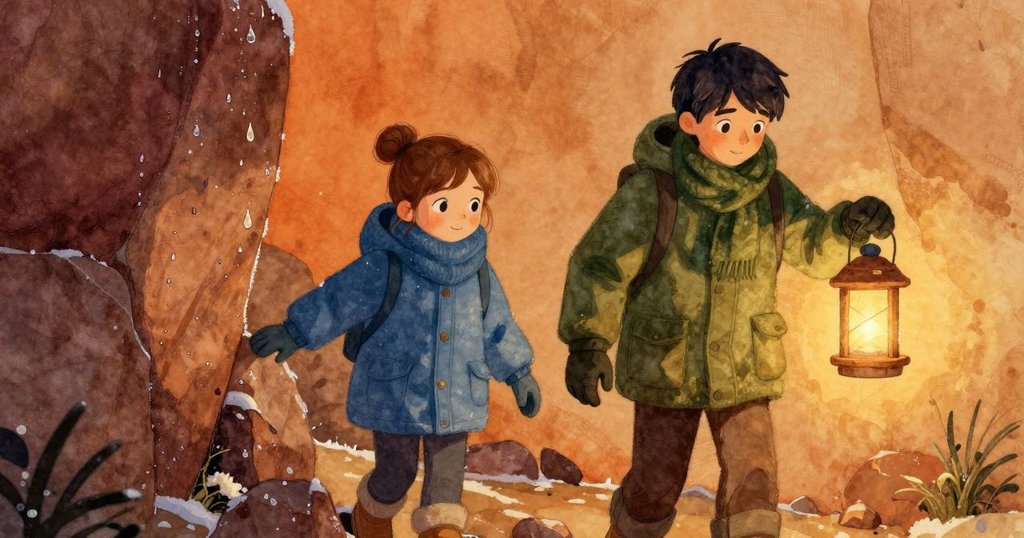 妮芙與烏利克共享微笑，一同走向閃爍著冰凍水滴反射燈光的花崗岩，呈現冬日平靜與溫暖情感